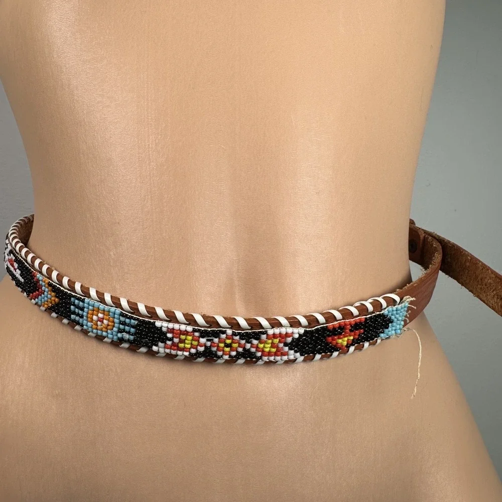 Womans Indian Hand Beaded Leather Belt Adjustable Bird Colorful